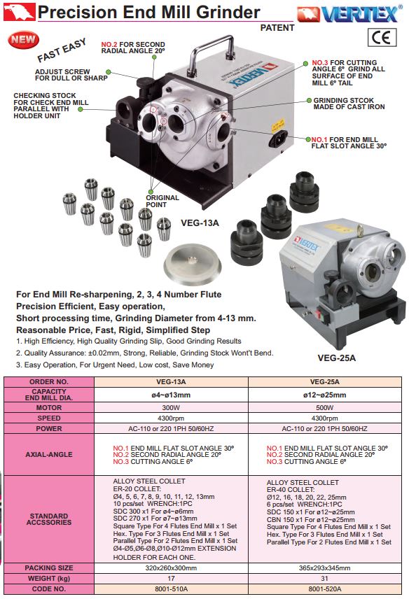Precision End Mill Grinder Vertex VEG-13A