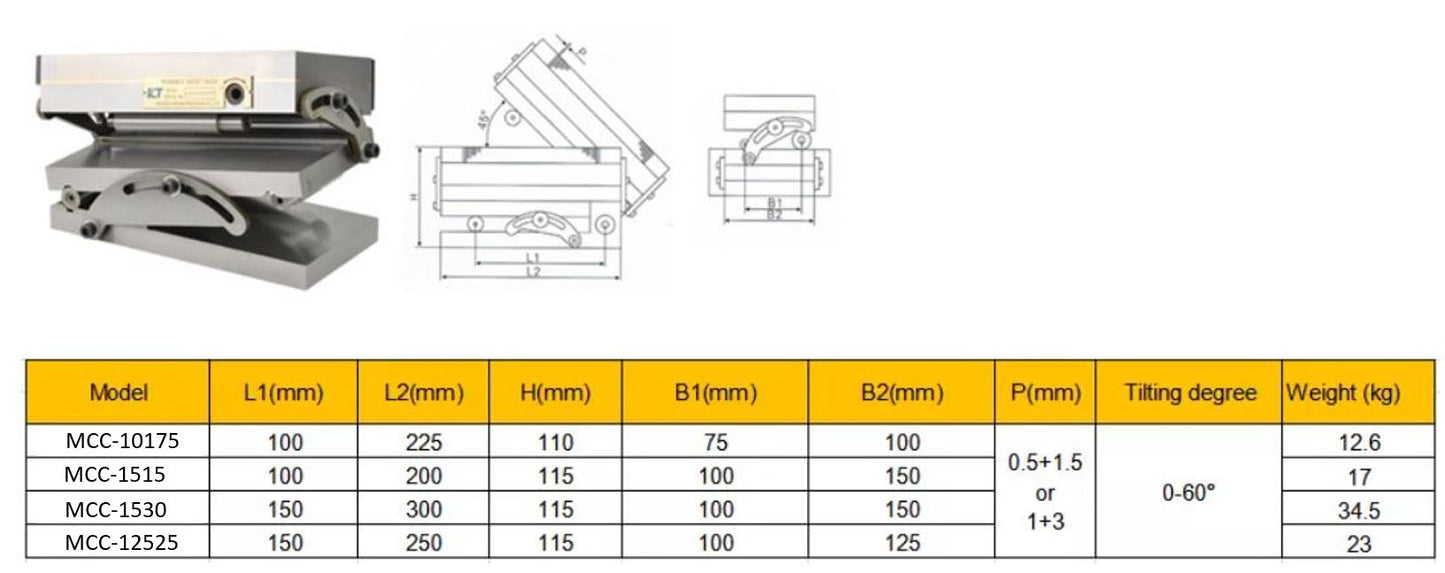 Dvojno nagibna magnetna miza MCC 1025 (100 mm x 250 mm)