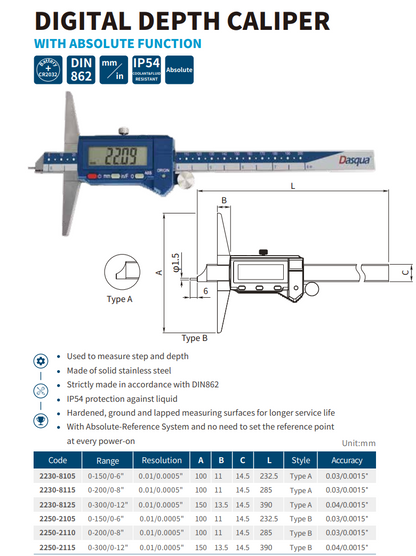 Absolute Digital Depth Caliper 0-200mm