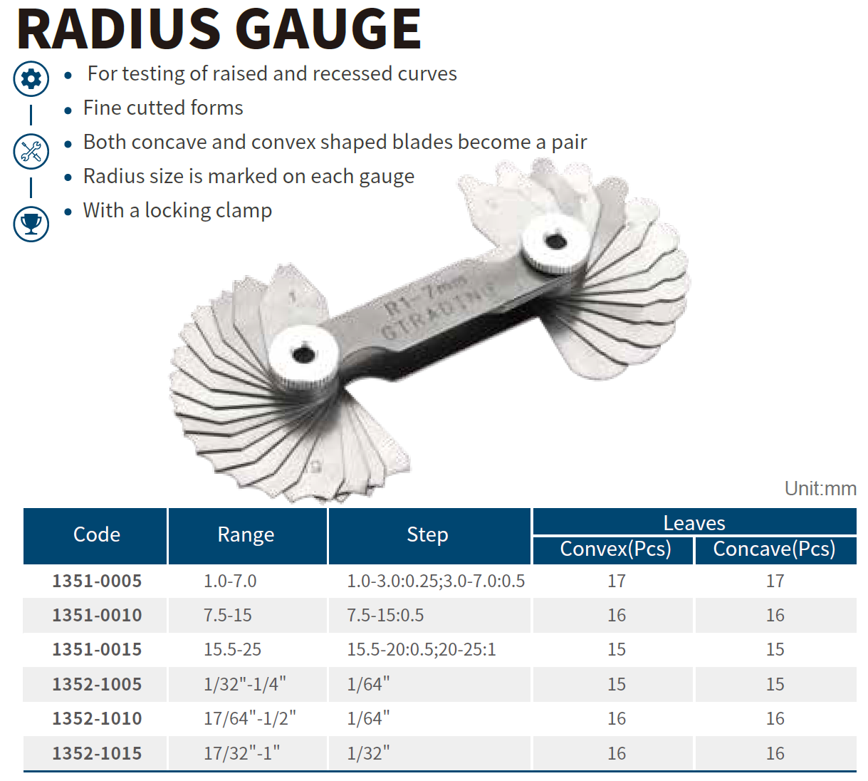 Radius Gauge Metric R1.0-7.0mm