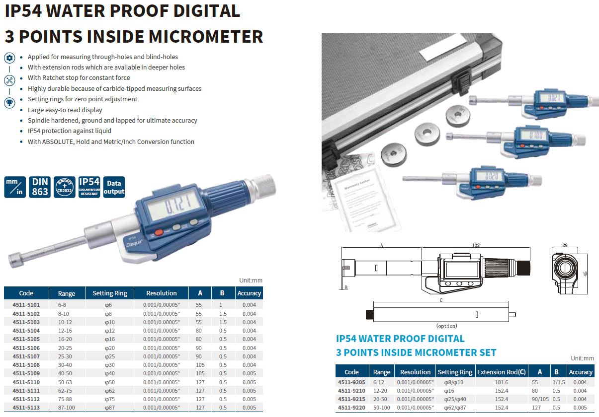 3 točkovni set digitalnih mikrometerov za merjenje lukenj 50-100 mm Dasqua (3-delni set)