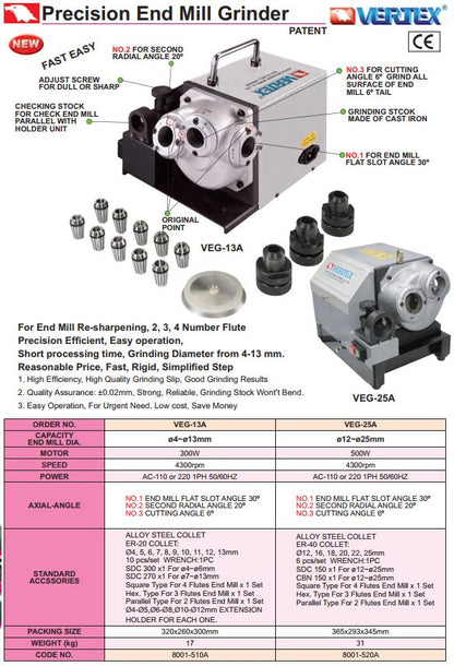 Precision End Mill Grinder Vertex VEG-13A