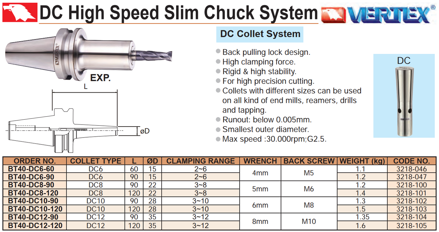 DC High Speed Slim Chuck System Vertex BT40-DC6-90