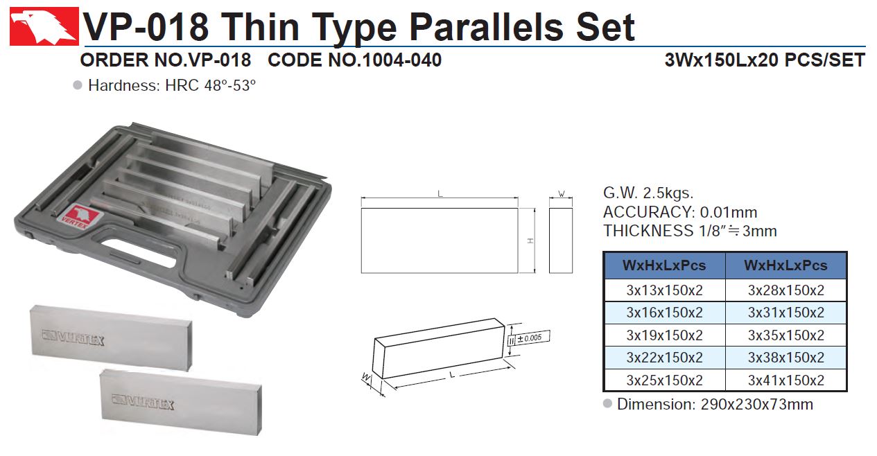 Thin Type Parallels Set Vertex VP-018 150mm 20 pcs.