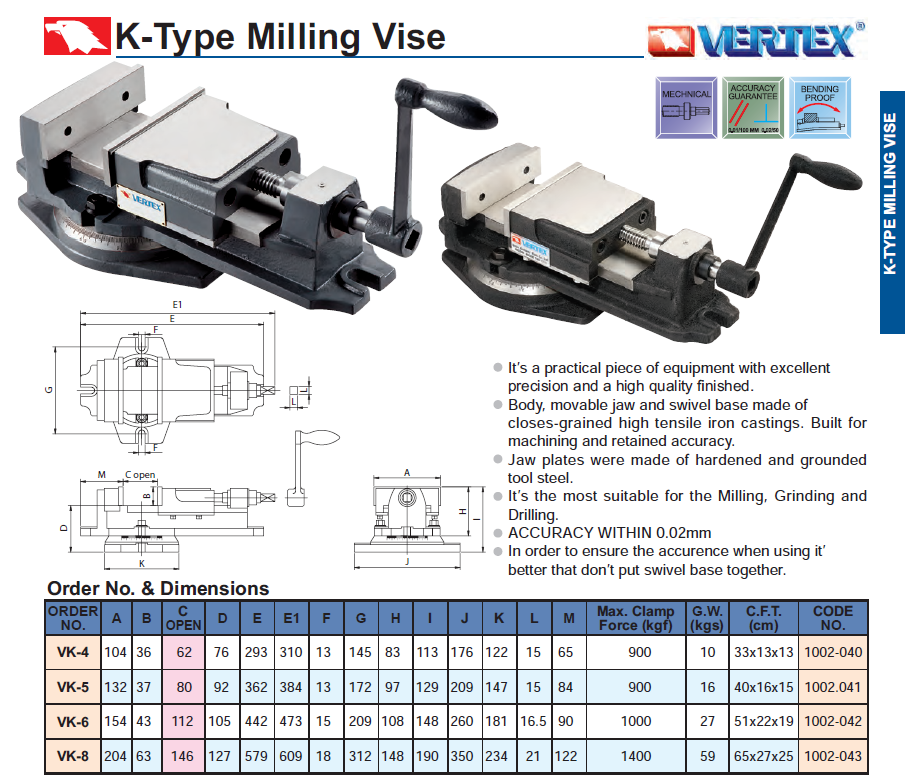 K-Type Milling Vise Vertex VK-5 (132mm)