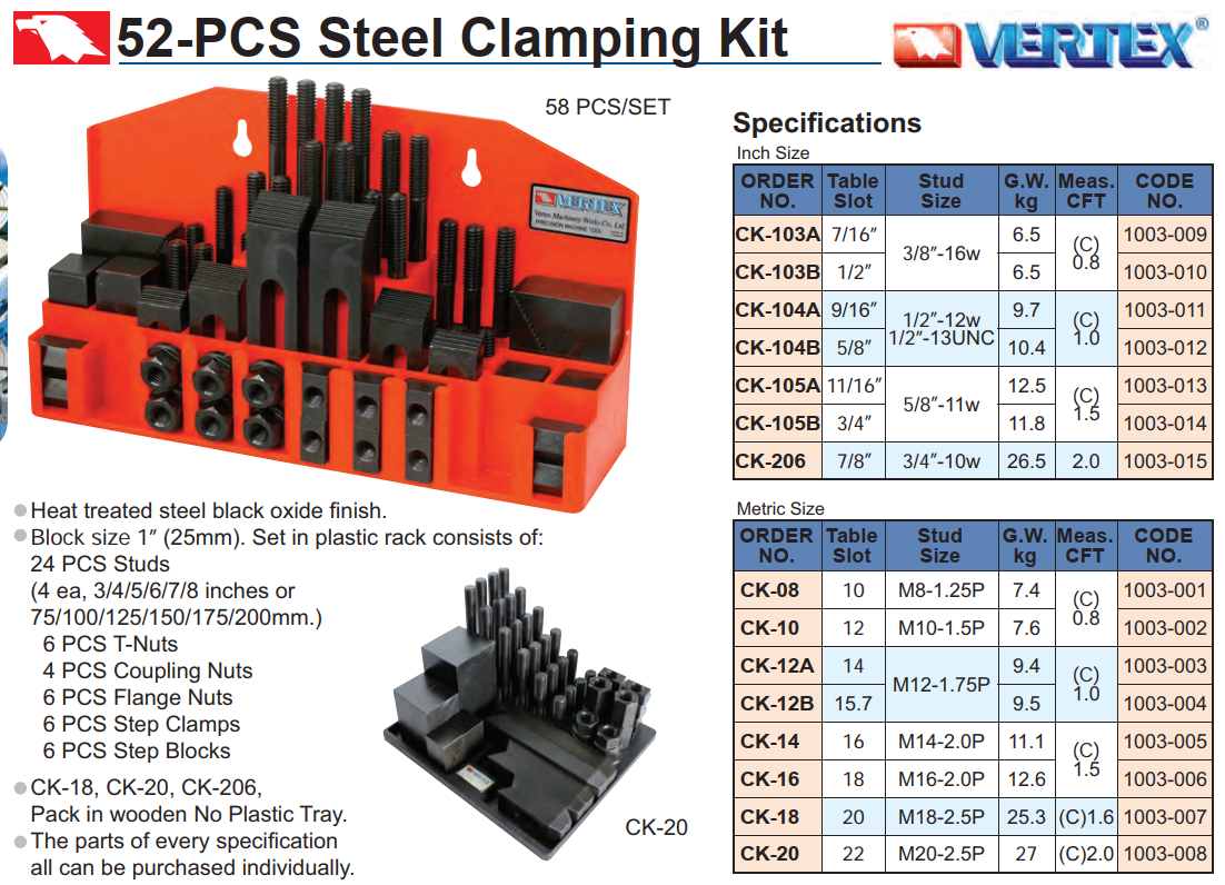 52-PCS Steel Clamping Kit Vertex CK-16 M16