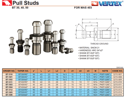 Pull Studs Vertex BT-503 (BT40x45° without hole)