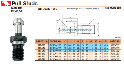 Pull Studs Vertex BT-516 (BT40x45°W with hole)